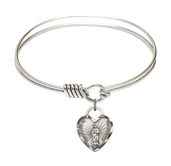 Smooth Bangle Bracelet with Our Lady of Guadalupe Heart Charm - Silver