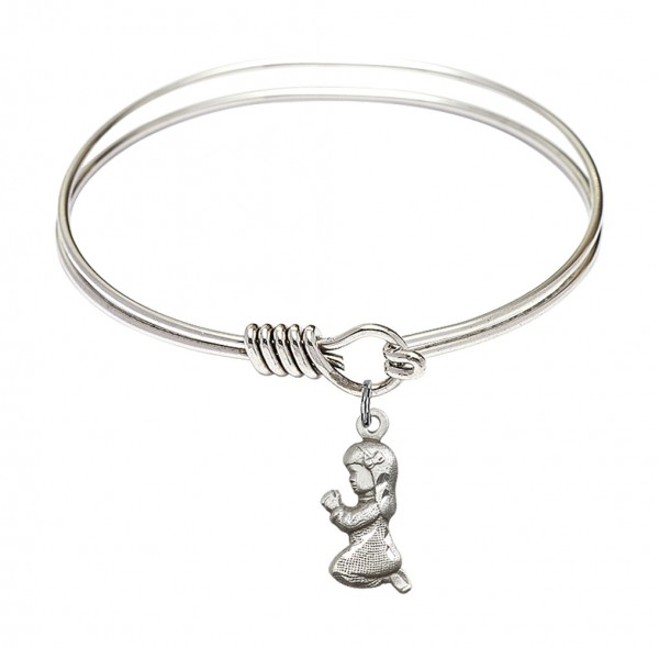 Smooth Bangle Bracelet with a Praying Girl Charm - Silver