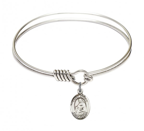 Smooth Bangle Bracelet with a Saint Agnes of Rome Charm - Silver