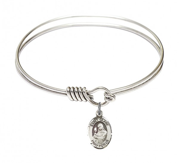 Smooth Bangle Bracelet with a Saint Clare of Assisi Charm - Silver