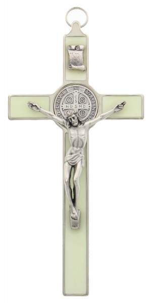 Glow In the Dark St. Benedict Enamel Crucifix 7.5&quot; - Silver