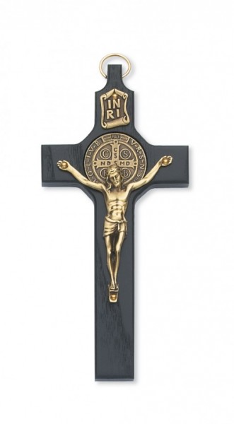 St. Benedict Wall Cross 6.5 inch Antique Gold Tone Black Stained Wood - Black