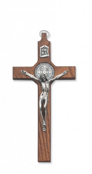 St. Benedict Wall Cross 6.5 inch Silver Tone Walnut Stained Wood - Brown