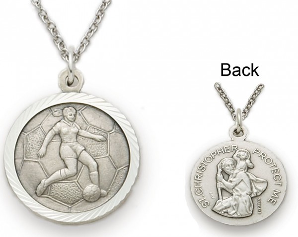 St. Christopher Girl's Soccer Sports Medal with Chain - Silver