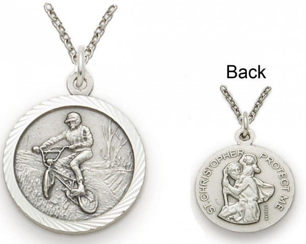 St. Christopher Off Road Bike Sports Medal with Chain - Silver