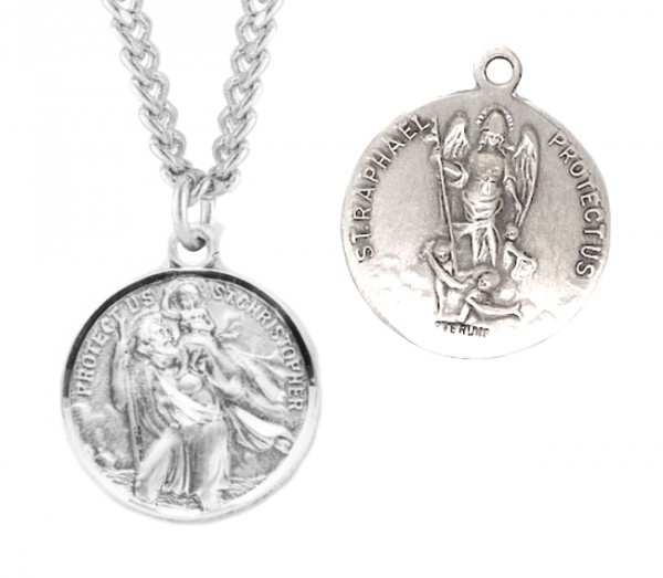 St. Christopher and St. Raphael Necklace Round Sterling Silver - Sterling Silver