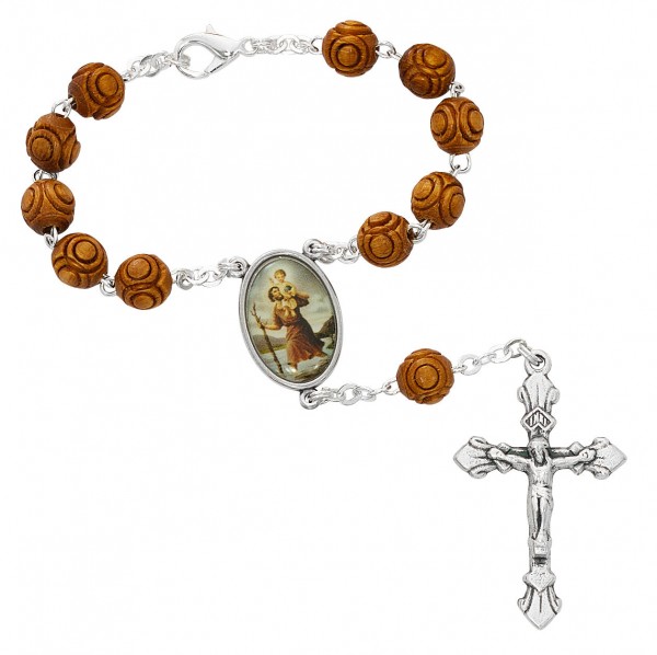 St. Christopher Wood-Carved Auto Rosary - Brown