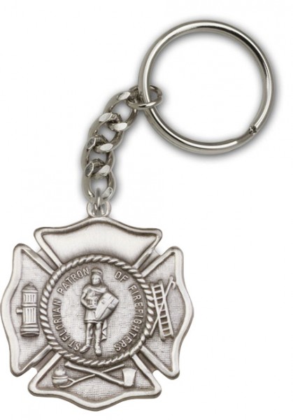 St. Florian Patron Saint of Firefighters Keychain - Silver tone