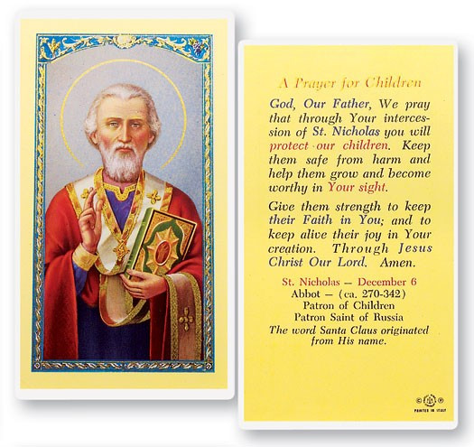 St. Nicholas Prayer For Child Laminated Prayer Card - 1 Prayer Card .99 each