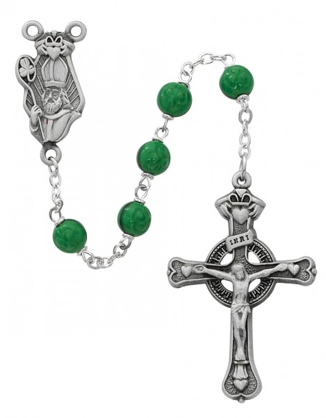 St. Patrick Green Glass Rosary Oxidized Silver - Green