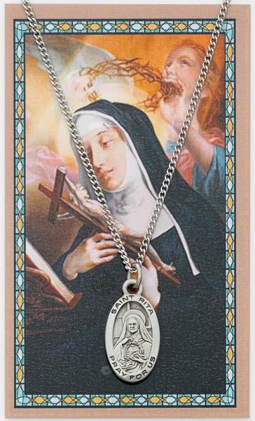 St. Rita of Cascia Medal with Prayer Card - Silver tone