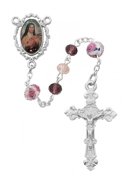 St. Therese Silver Tone Glass Rosary - Pearl White