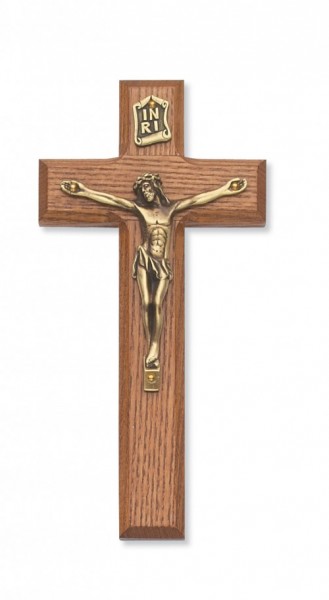Beveled Edge Stained Walnut Wall Crucifix 7 inch - Gold