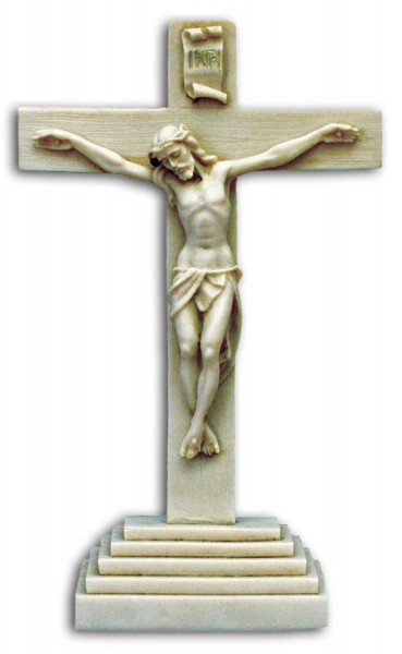 Standing Antiqued Alabaster Crucifix 10 1/2 Inches - Antique White Finish