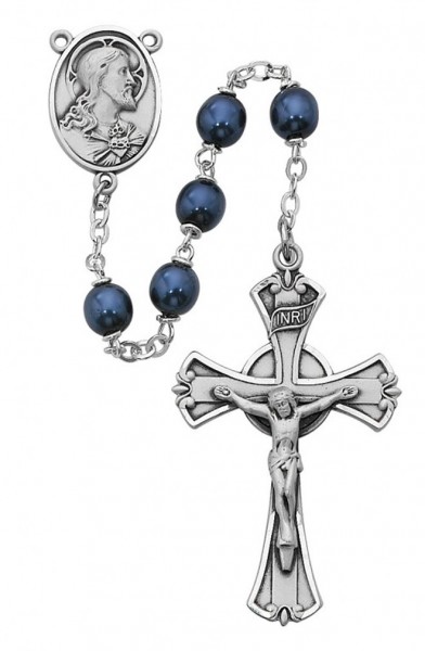 Sterling Silver Blue Metallic Glass Rosary - Blue