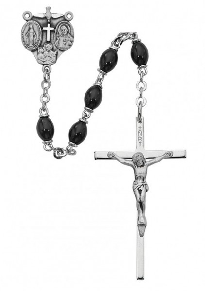 Sterling Silver Holy Family Black Bead Rosary - Black