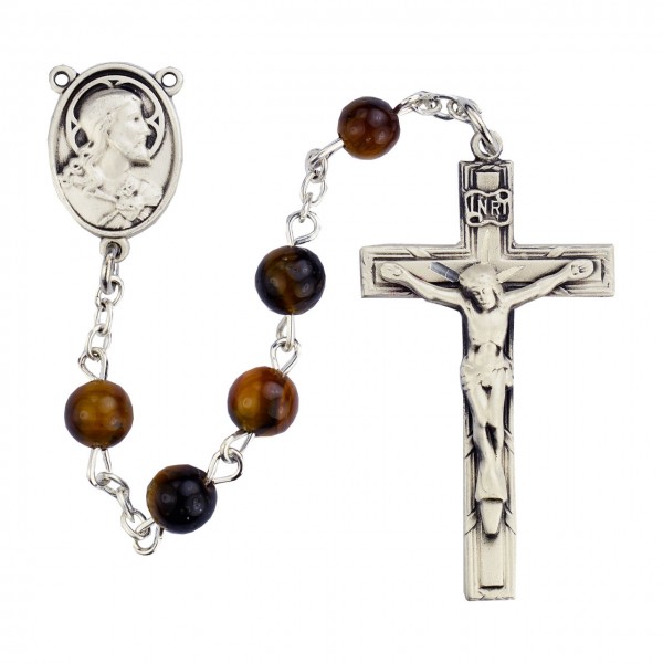 Sterling Silver Holy Family Holy Spirit Brown Wood Rosary - Brown