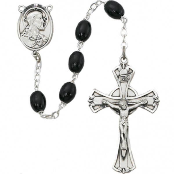 Sterling Silver Men's Classic Black Oval Wood Bead Rosary - Black