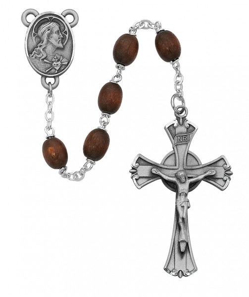 Sterling Silver Men's Classic Brown Oval Wood Bead Rosary - Brown