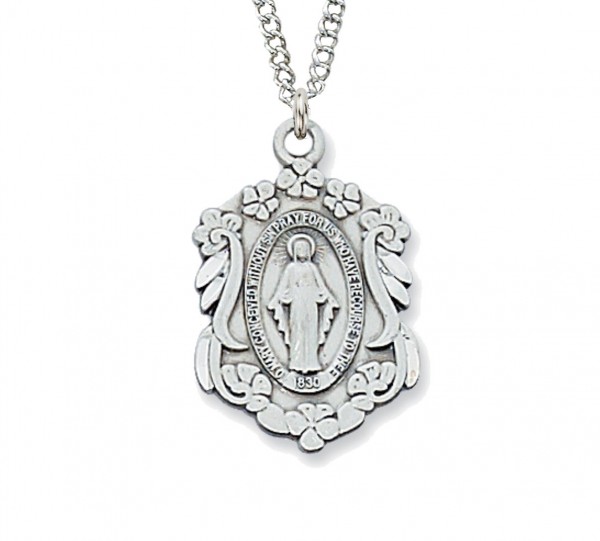 Women's Fancy Scroll and Flowers Miraculous Medal - Silver