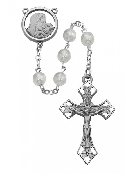 Sterling Silver Mother of Pearl Madonna and Child Rosary - White