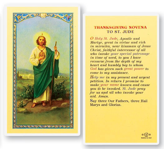 Thanksgiving Novena, St. Jude Laminated Prayer Card - 1 Prayer Card .99 each