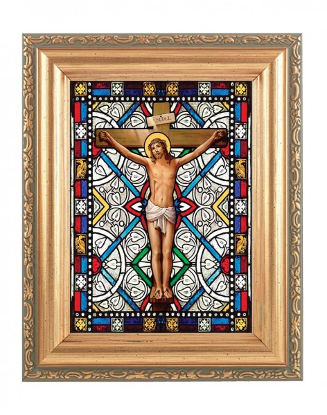 The Crucifixion Gold Frame Stained Glass Effect - Full Color