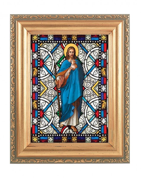 The Good Shepherd Gold Frame Stained Glass Effect - Full Color