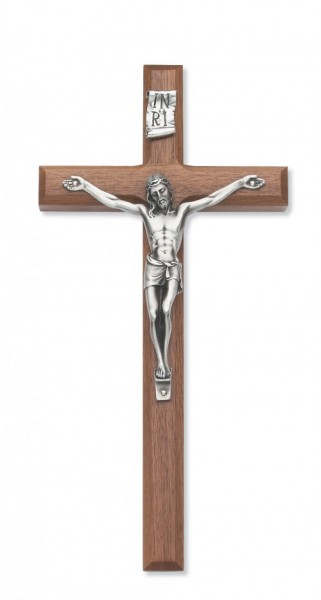 Walnut Wall Crucifix with Beveled Edge Silver-tone Corpus 10 Inch - Silver