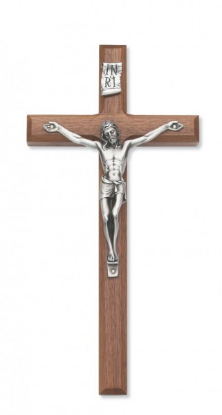 12 Inch Wall Crucifix Walnut with Beveled Edge - Silver