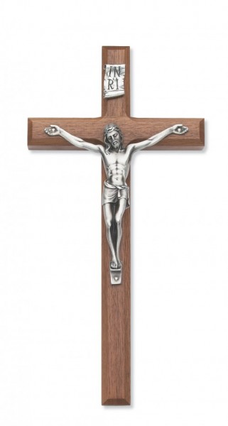 8 Inch Wall Crucifix in Walnut with Beveled Edge - Silver