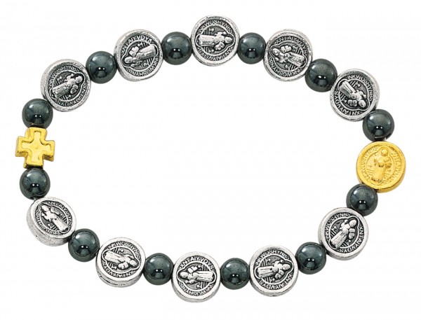Women's Hematite Bead and St. Benedict Charm Stretch Bracelet - Two-Tone Silver