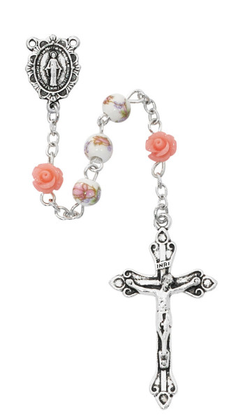 Women's Pink and White Ceramic Rosary - Pink