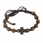 Men's Brown Wood Beads with Cross and Black Cord Bracelet