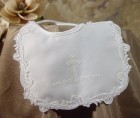 Girls Poly Satin Baptism Bib with Puff Ink Cross & Venise Lace