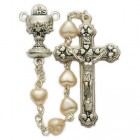 First Communion White Pearl Heart Rosary with Chalice Centerpiece  