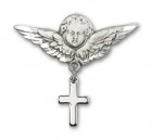 Baby Pin with Cross Charm and Angel with Larger Wings Badge Pin
