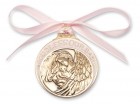 Girl's Pink Ribbon Guardian Angel Crib Medal in Brass