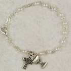 Irish First Communion Faux Pearl Bracelet with Chalice and Celtic Cross Charm