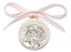 Girl's Pink Ribbon Guardian Angel Crib Medal in Pewter