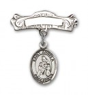 Pin Badge with St. Angela Merici Charm and Arched Polished Engravable Badge Pin