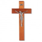 Natural Cherry and Silver-tone Corpus Wall Crucifix - 10 inch