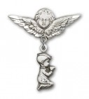 Baby Pin with Praying Boy Charm and Angel with Larger Wings Badge Pin