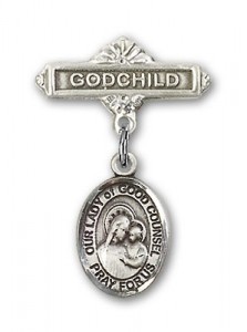 Baby Badge with Our Lady of Good Counsel Charm and Godchild Badge Pin [BLBP1880]