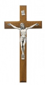 Beveled Walnut Stained Wood Crucifix with Silver-Tone Corpus 8 Inch [CRX4445]