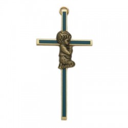 Blue Enamel Brass Praying Boy Baby Cross - 4“H   [SNCR1053]