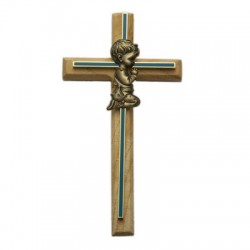 Blue Enamel Oak Wood Praying Boy Baby Cross - 8“H [SNCR1051]