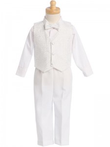 Boy's White 4-Piece Embroidered Jacquard Vest Set [LBS0116]