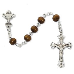 Brown Wood First Communion Chalice Rosary - Sterling Silver [MVC0048]