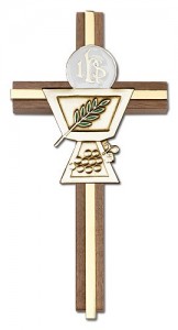 First Communion Chalice and Holy Host Wall Cross in Walnut Wood and Metal Inlay - 6 inch [CRB0058]